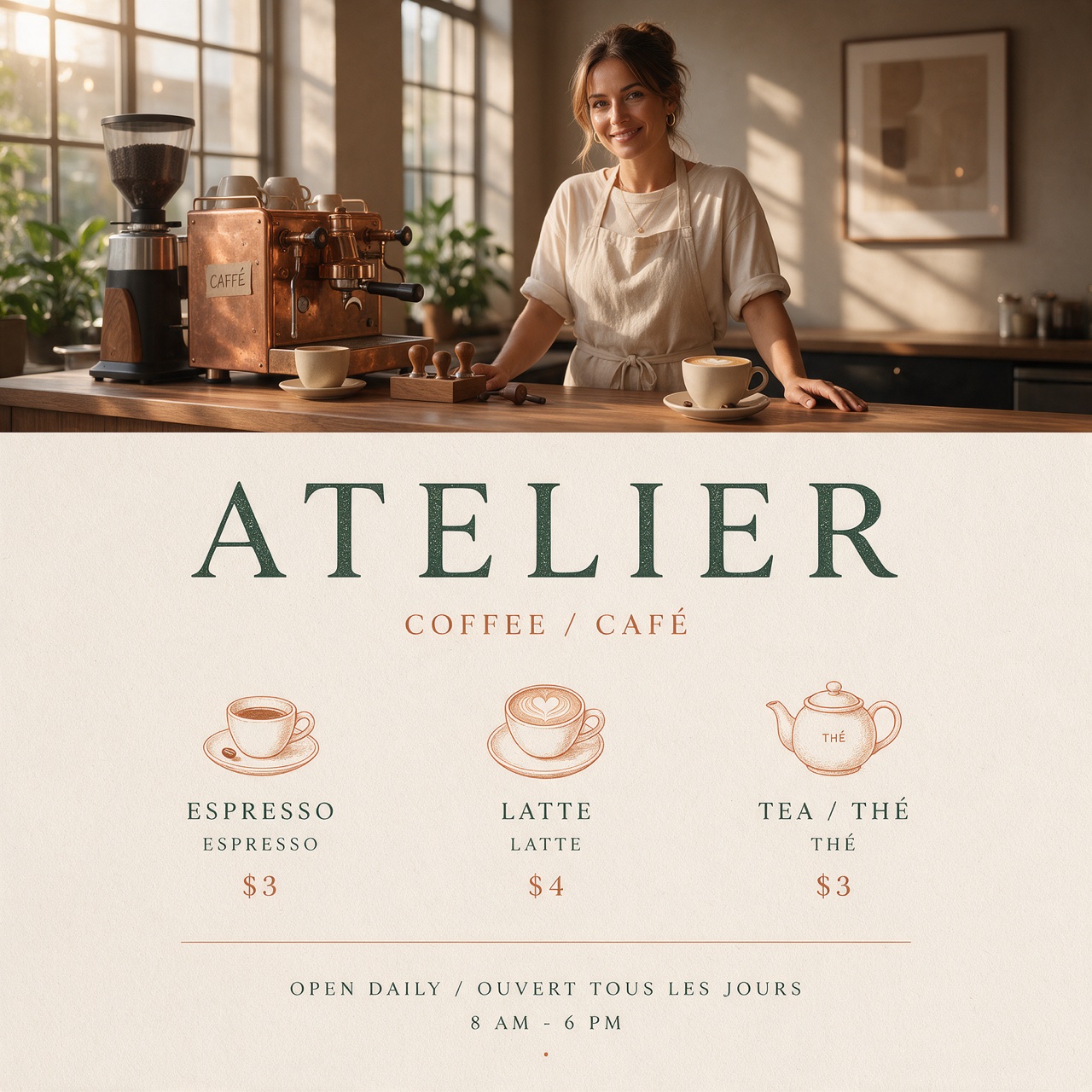 A bilingual café menu combining a realistic portrait with English and French typography