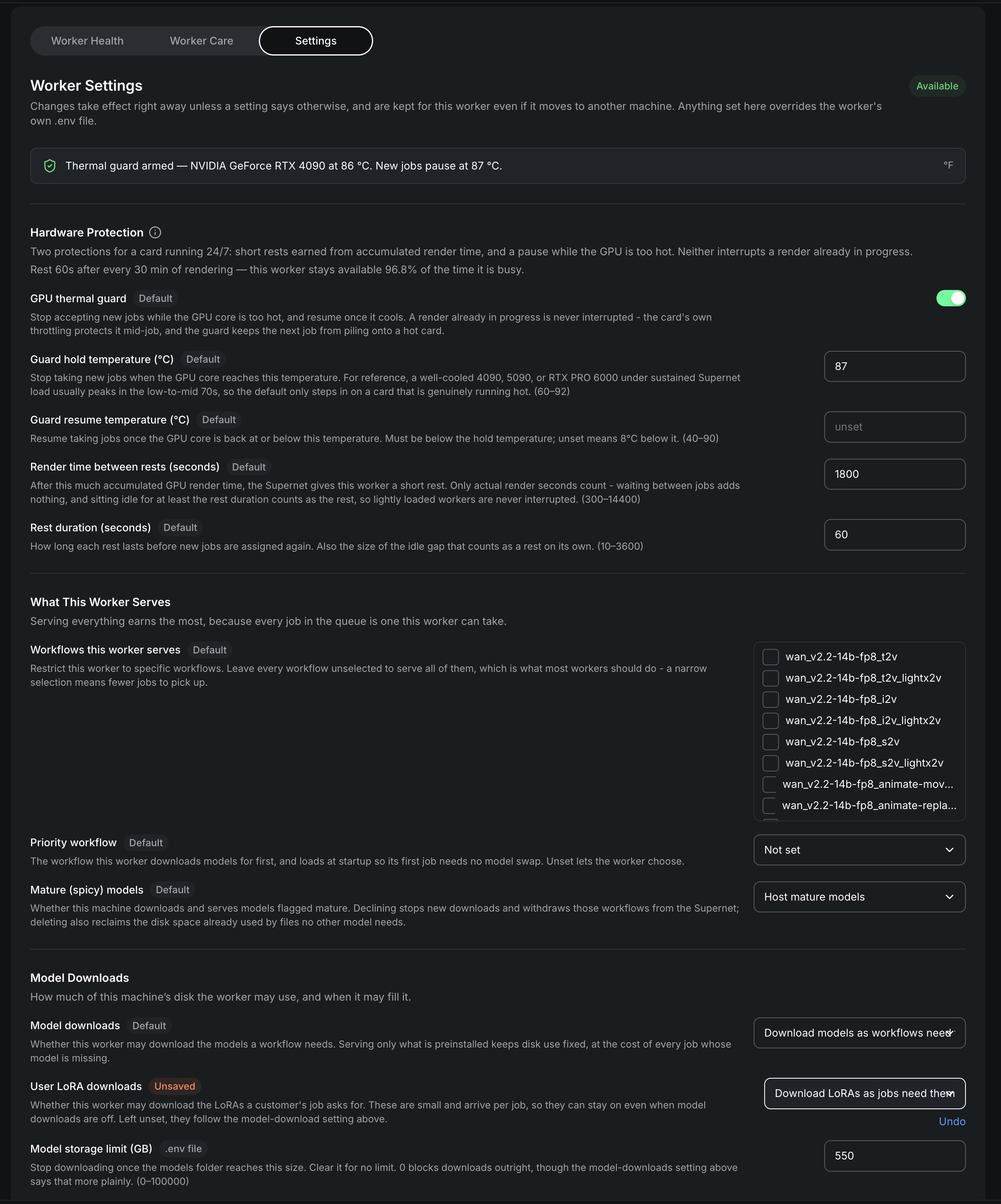 Worker Settings with thermal protection, workflow selection, download, and storage controls