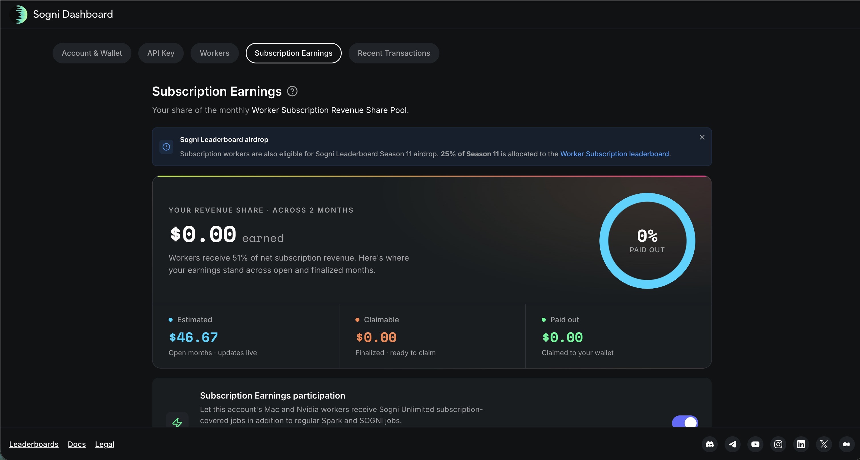 Subscription Earnings showing estimated, claimable, and paid-out revenue-share balances