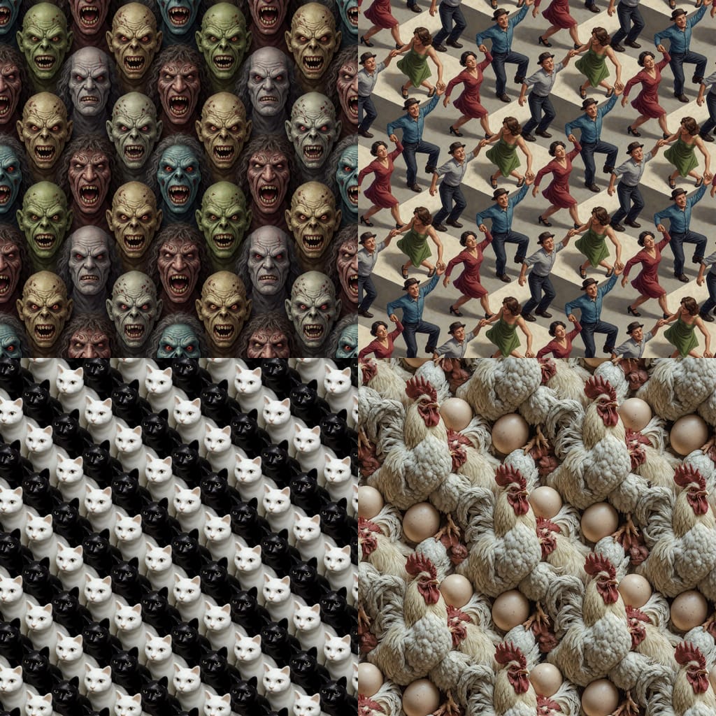Four keepers from the wall — snarling ghouls, swing dancers, porcelain cats, and roosters with their eggs
