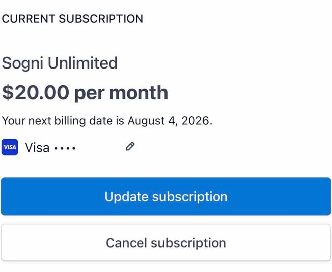 Stripe billing portal showing the Cancel subscription button for a Sogni Unlimited plan