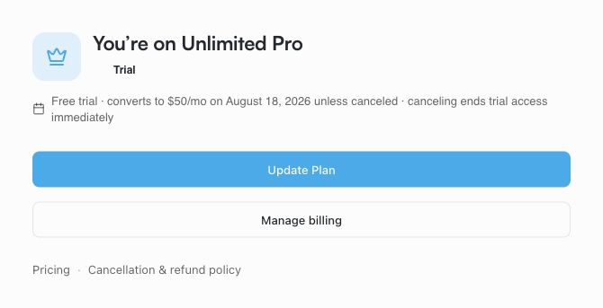 Sogni Wallet trial subscription card showing Update Plan and Manage billing buttons