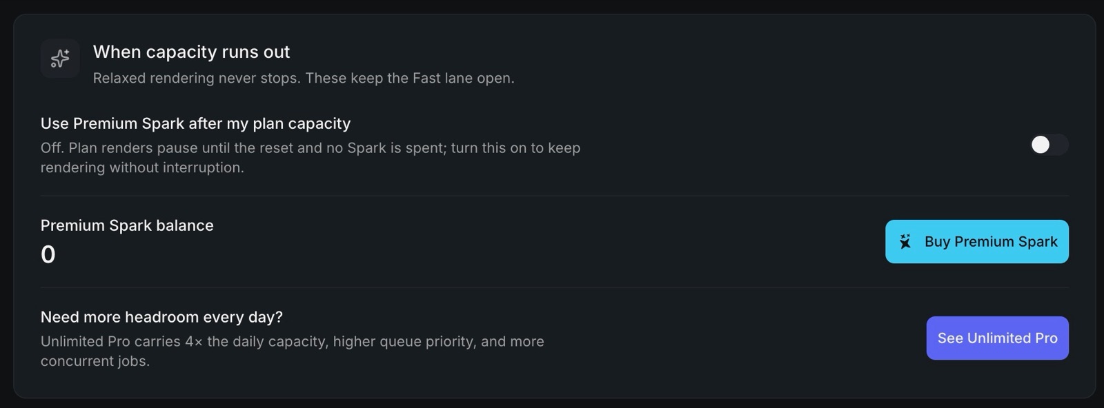 The "When capacity runs out" panel on the Usage page, with the Premium Spark fallback toggle, Spark balance, and Unlimited Pro shortcut