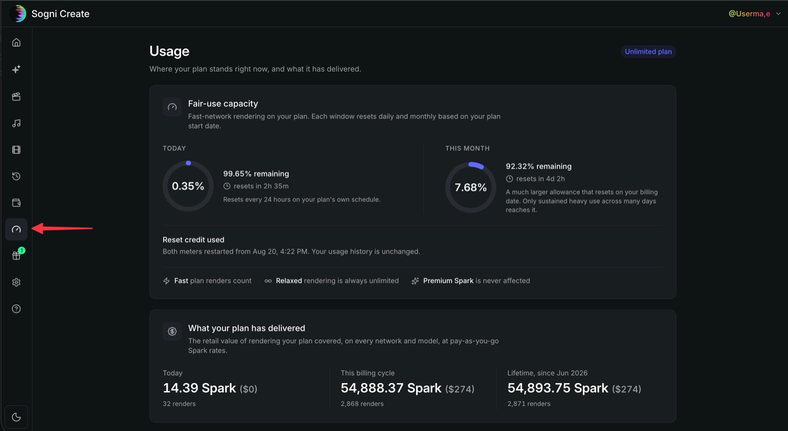 The Usage page in Sogni Create, showing today's and this month's fair-use meters with reset countdowns