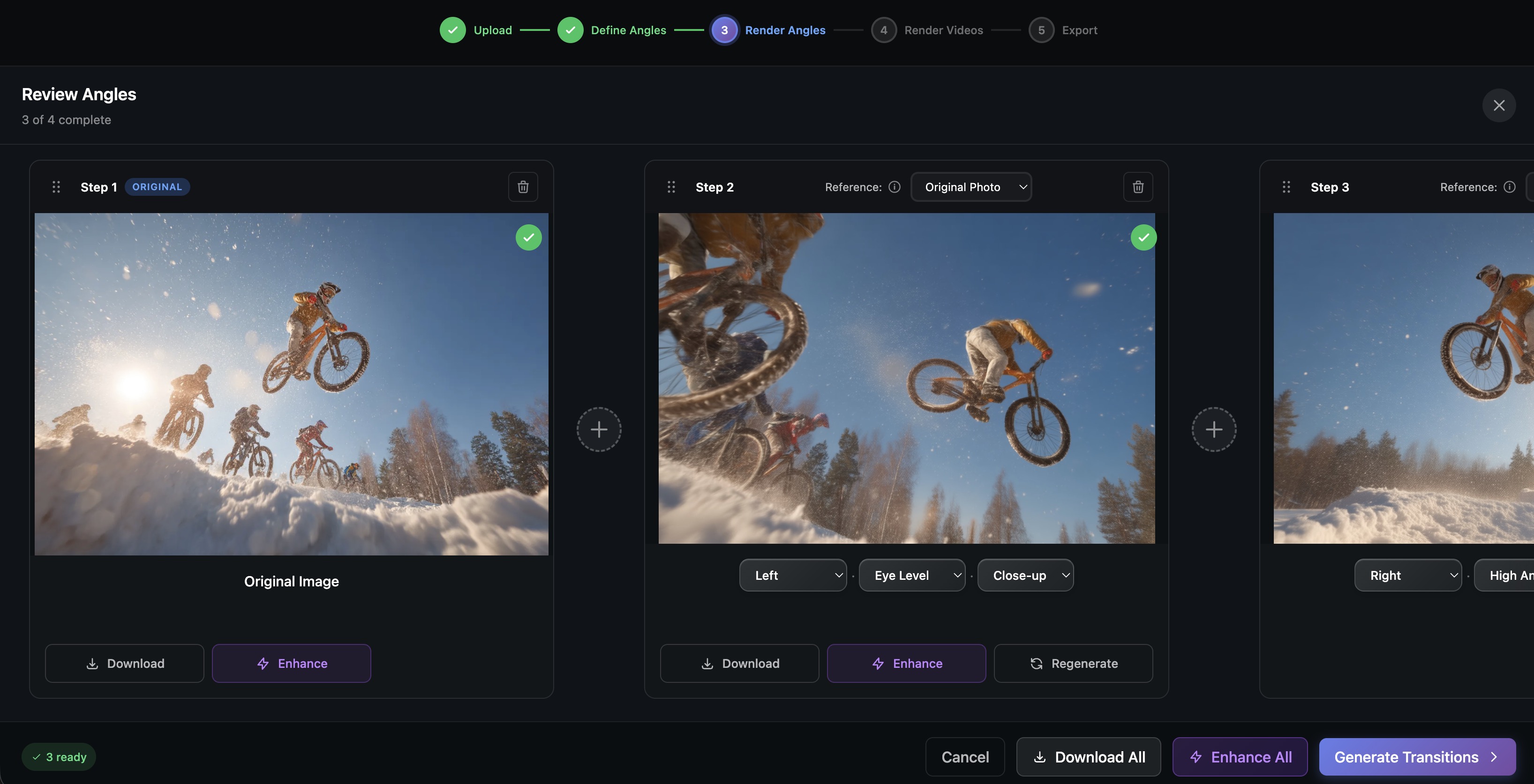 Reviewing a snowboarder rendered from multiple camera angles in Sogni 360
