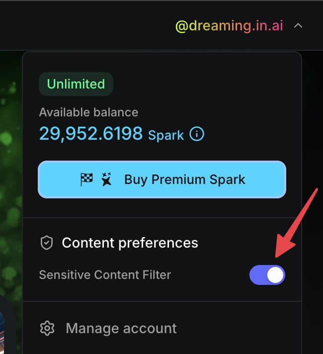 Sensitive Content Filter under Content preferences in the Sogni Web account menu