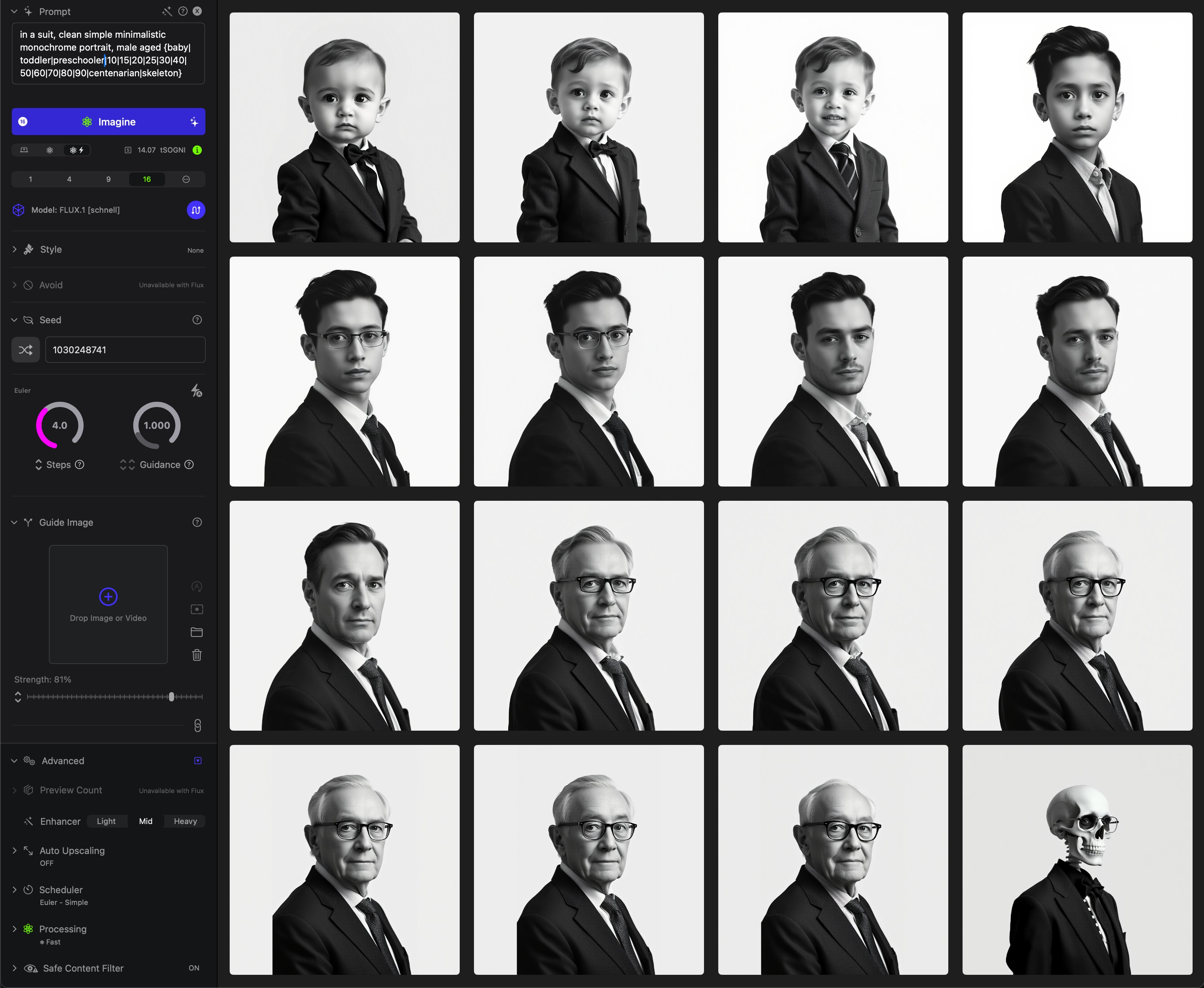 A Sogni Studio batch using a dynamic prompt to progress a portrait from baby to skeleton