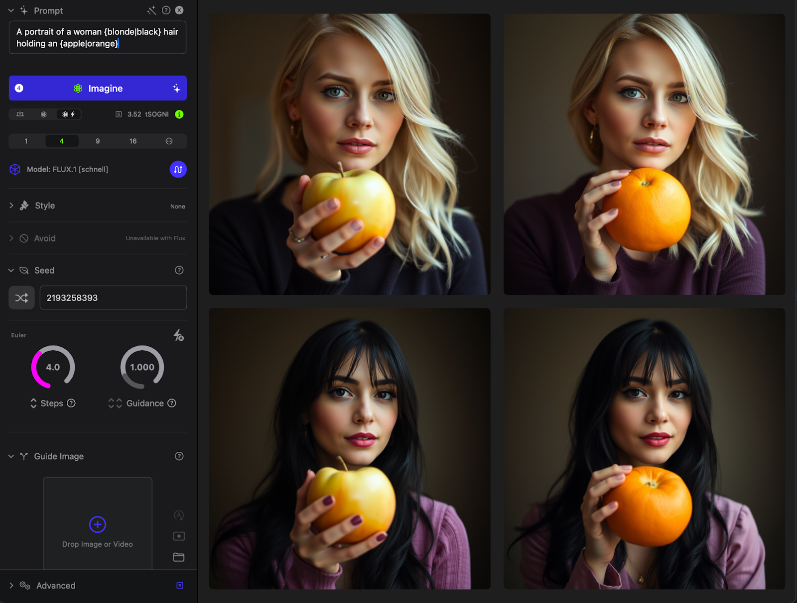 A four-image Sogni Studio batch varying blonde or black hair and an apple or orange