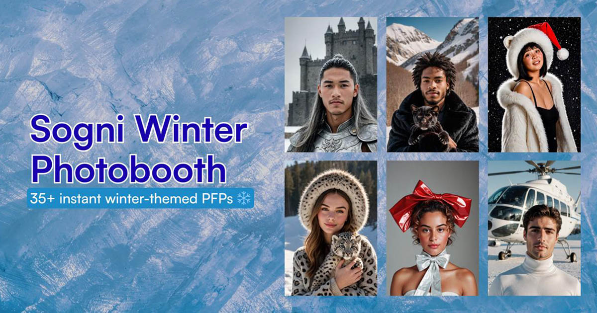 Sogni Winter Photobooth — themed AI portrait grid generated at a real-life activation