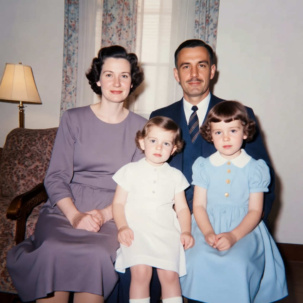 Family portrait — torn original (left) and restored result (right)