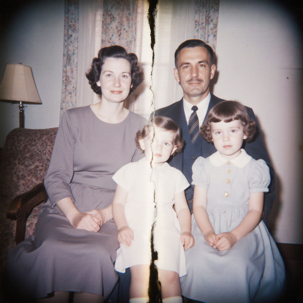 Family portrait — torn original (left) and restored result (right)