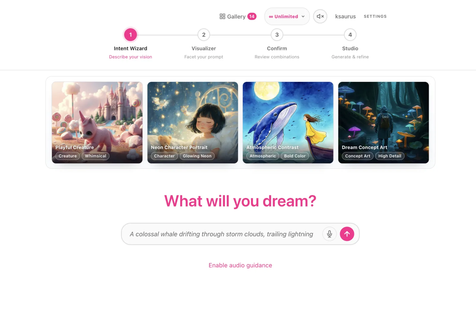 The Sogni Vibe Intent Wizard asking 'What will you dream?' above a prompt box and showcase gallery