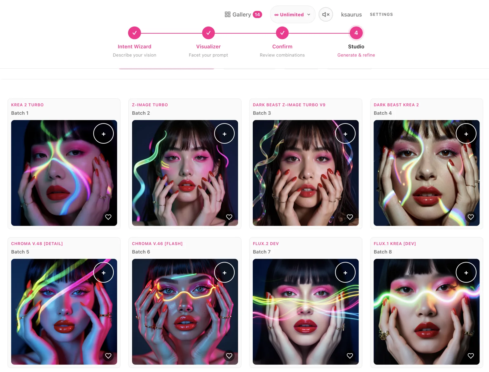 Sogni Vibe Studio generating batches of the same prompt across eight image models
