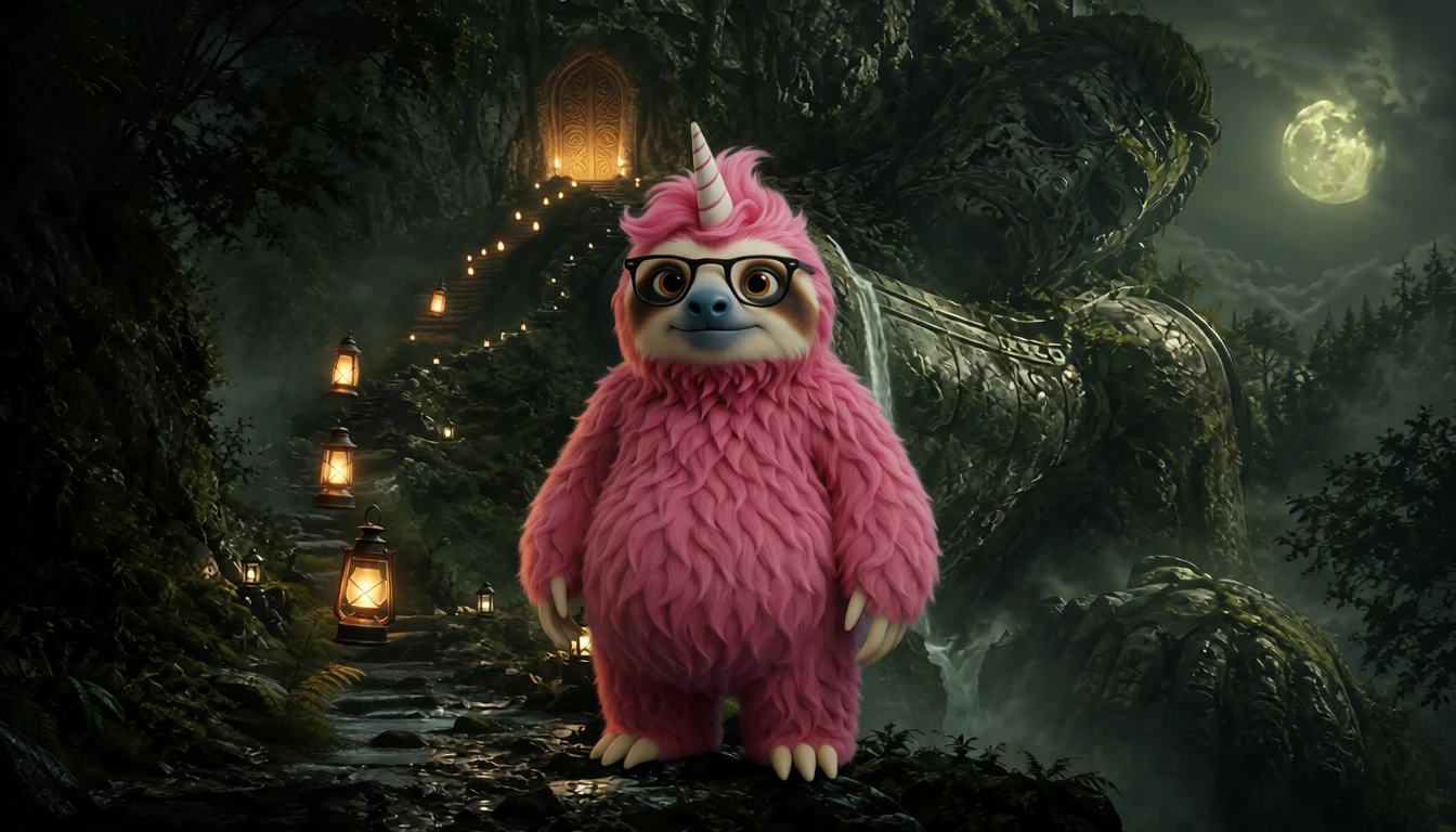 A pink sloth with a unicorn horn and glasses on a lantern-lit forest path, below a sleeping stone giant and a glowing door high in the cliff