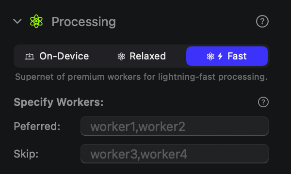 Preferred and skipped worker fields in Sogni Studio's Processing section