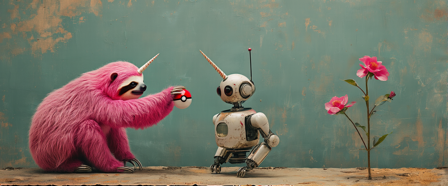 A pink slothicorn directing a small robot worker